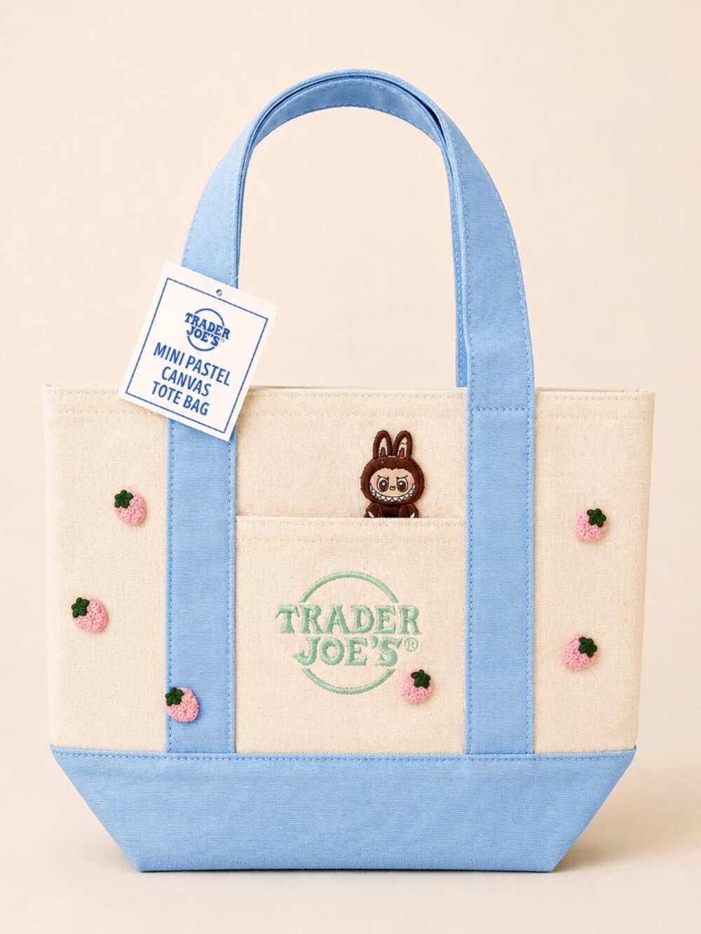 Trader Joe's Custom Pastel Blue Mini Tote Labubu Strawberry Embroidered Tote Bag